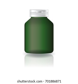 Blank green round supplements or medicine bottle with cap lid for beauty or healthy product. Isolated on white background with reflection shadow. Ready to use for package design. Vector illustration.