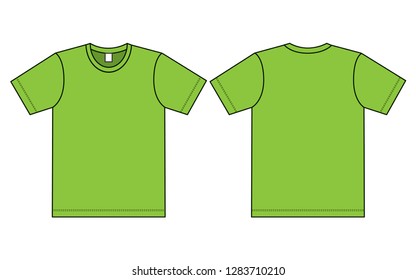 Blank Green Short Sleeve T-Shirt With Flat Lay Template on White Background.Front and Back View.