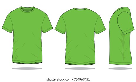 Blank Green Short Sleeves T-Shirt  For Template On White Background.Front, Back and Side View.