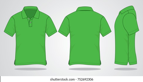 Blank Green Short Slevve Polo Shirt Template on Gray Background. Front, Back, and Side Views, Vector File.