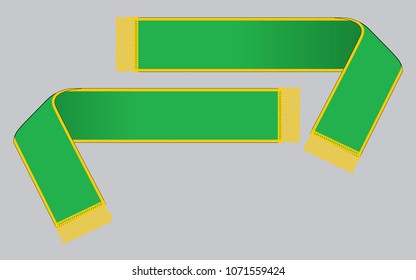 Blank green soccer scarf with yellow fringe tassels design on white background. Front and back views, vector file.