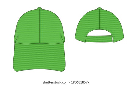 Blank green spacer mesh baseball cap with adjustable hook-loop strap vector for template.Front and back view.