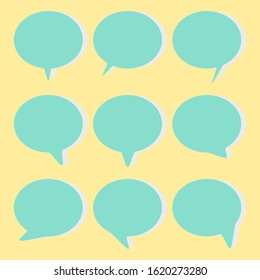 blank green speech bubbles hand drawn set with white shadow isolated on yellow background. vector illustration