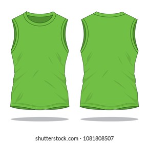 Blank Green Tank-Top Template on White Background. Front and Back View, Vector File