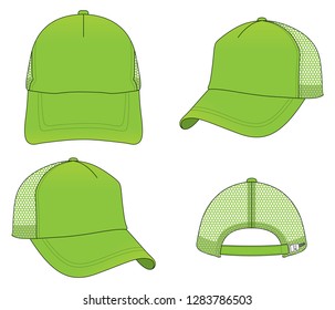 Blank Green Trucker Cap With Mesh at Side and Back Panel, Adjustable Plastic Slider Buckle Closure Strap Template on White Background.