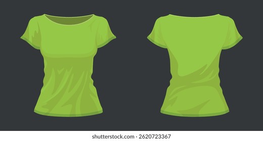 A blank green wooman T-shirt (front and back) template on a dark background, for creating mocaps or previewing designs for printing on clothes.