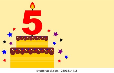 Tarjeta de felicitación en blanco para regalo de cumpleaños o fiesta de cumpleaños editable en Vector. tarjeta de felicitación con tarta y vela numeral. 5ª tarjeta de cumpleaños