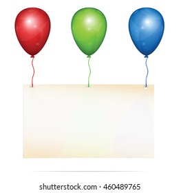 Blank greeting card with place for custom text hanging on three color balloons: red, green, blue. Vector Illustration, isolated on white background.