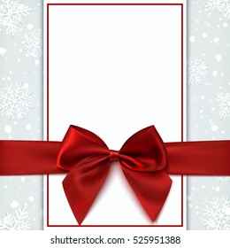 Blank greeting card with red bow and snow. Invitation, flyer or brochure template. Vector illustration.