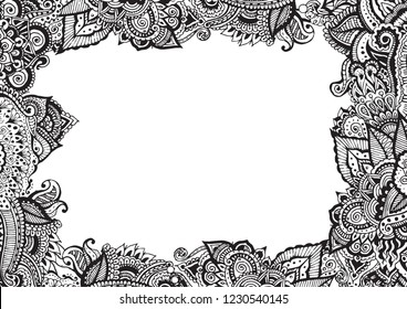 Blank greeting card zentangle template with abstract jungle flowers and leaves.