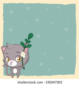 Blank greeting with cute cat holding a mistletoe