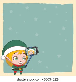 Blank Greeting With Cute Elf Taking A Selfie