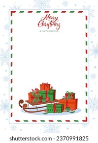 Blank greeting letter Merry Christmas and Happy New Year decorated with presents and snowflakes. Vector illustration
