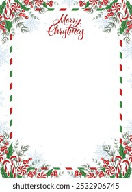 Blank greeting letter Merry Christmas and Happy New Year decorated with winter plants and snowflakes. Vector illustration