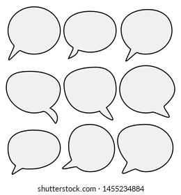 blank grey color cartoon speech bubbles set with different shape and black frame for add words or comic speaking isolated on background. vector illustration 