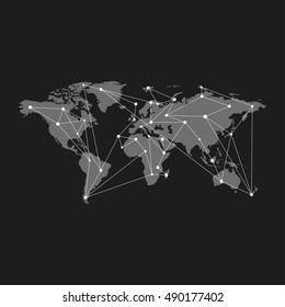 Blank grey similar world map isolated on black background. Monochrome world map template for website, design, infographics. Flat earth map vector illustration