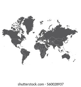 Blank Grey similar World map isolated on white background. Monochrome Worldmap Vector template for website, design, cover, annual reports, infographics. Flat Earth Graph World map illustration.