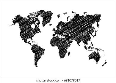 Blank Grey World map isolated on white background. Vector  design, cover, infographics. Flat Earth Graph World map illustration Map Line black.