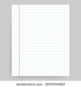 Blank grid notebook paper sheet background with red margin line. Clean graph math pad mockup template for school study, education, note taking, math science grid, or office memo. Vector illustration