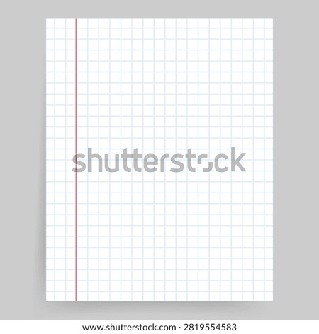 Blank grid notebook paper sheet background with red margin line. Clean graph math pad mockup template for school study, education, note taking, math science grid, or office memo. Vector illustration