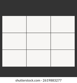 Blank grid on a dark background. Nine empty squares form a simple grid. Minimalist grid design for layouts or planning. Clean grid for organization. Frame with copy space. Frame element vector.