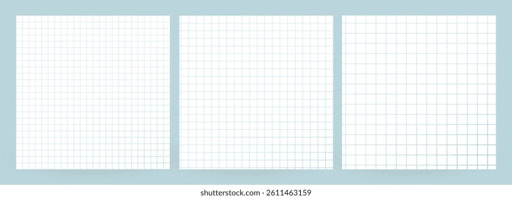 Blank Grid Paper Background Set With Blue Lines For Math, School, Notes, Design Projects. Clean Empty Template Collection On Light Background. Vector Illustration.