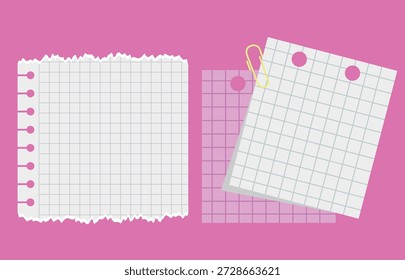 Hojas de papel en cuadrícula en blanco con un clip sobre un fondo rosa vibrante, con bordes rotos y agujeros perforados para notas, notas o Elementos de diseño
