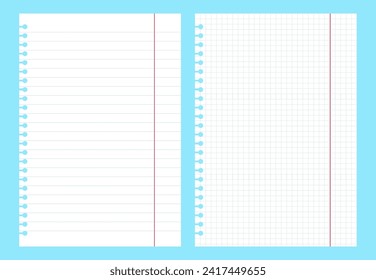 Blank gridded notebook papers. Pads paper sheets with lines and squares. Homework and exercises templates. White blank notebook papers. School supplies.