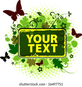 Blank grunge tablet on foliage with butterflies, vector