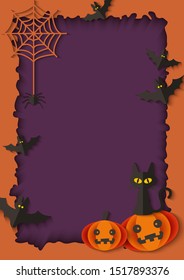 Blank Halloween poster frame with spooky bats, pumpkins and spider web on orange and purple background - colorful empty invitation template vector illustration.