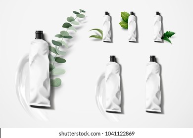 Blank hand cream set, white tubes with herbs and cream in 3d illustration