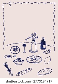 Blank Hand Drawn Dinner Party Invitation Frame with Food and Wine Sketches - Mediterranean Table Setting Template