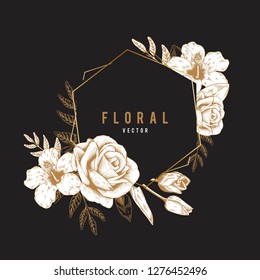 Blank hand drawn floral hexagon badge vector
