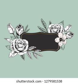 Vector de placa de rectángulo floral dibujado a mano en blanco
