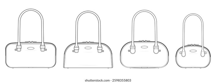 Blank Handbag Collection Technical Fashion Illustration. Retro Duffel Shoulder Bags Vector Template Set. Multiple designs. Elegant Everyday Handbag Series. CAD Mockup Set.