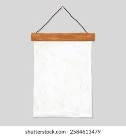 Blank hanging canvas with wooden rod. Canvas for art, crafts, or decoration. Simple, minimalist design. Ideal for painting or displaying art. Neutral background. Vector design.
