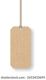 Blank hanging cardboard tag with string and eyelet is swinging on white background, eco friendly recycled material, ready for your text or graphics