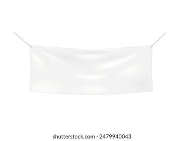 Blank hanging fabric banner isolated on white background. Realistic 3d vector mock-up. Empty horizontal 2 hole grommet suspended advertising vinyl poster. Mockup. Template for design