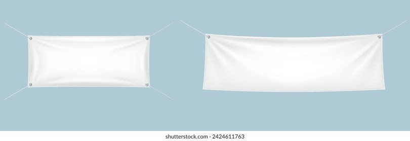 Blank hanging horizontal banners realistic vector illustration set. Textile flags for announcement 3d models on blue background. Mockup design