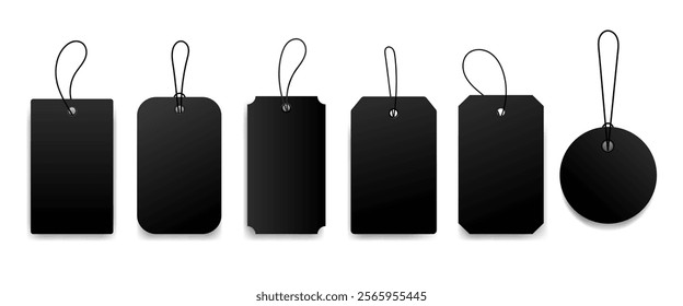 Blank hanging labels templates set black color.Realistic Cardboard label,tags,shopping gift card with string collection.Price tag or gift tags in different shapes craft and different colors set.Vector