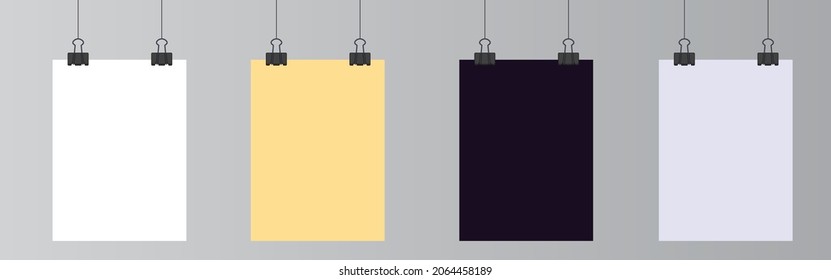 Blank hanging paper sheet with blinder clip, vector set. Empty colored photo frame mockup: poster, banner, square. Realistic picture hanging. Concept art gallery canvas portfolio. 