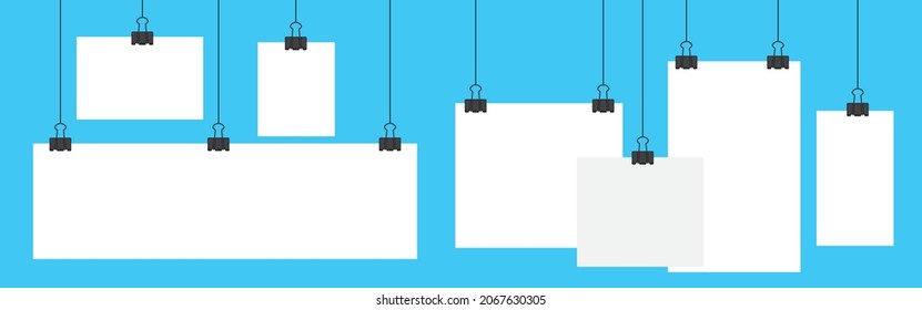 Blank hanging paper sheet with blinder clip, vector set. Empty white photo frame mockup: poster, banner, square. Realistic picture hanging. Concept art gallery canvas portfolio. Isolated illustration