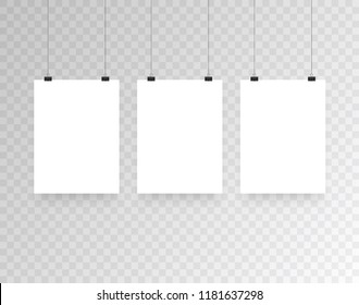 Blank hanging photo frames or poster templates isolated on transparent background. Photo picture hanging, frame paper gallery portfolio illustration vector