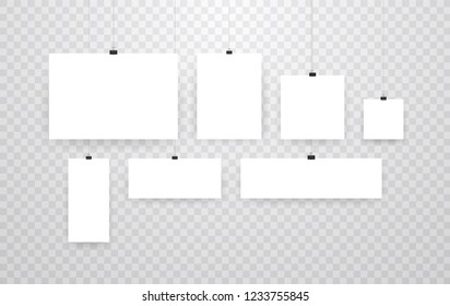 Blank hanging photo frames or poster templates isolated on transparent background. Photo picture hanging, frame paper gallery portfolio illustration vector