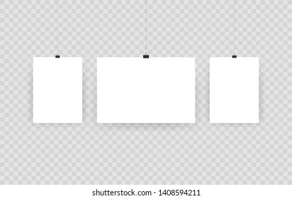 Blank hanging photo frames or poster templates isolated on transparent background. Photo picture hanging, frame paper gallery portfolio illustration vector