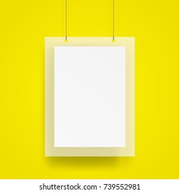 Blank Hanging poster and frame with wire mockup vector on yellow background. Mockup concept
