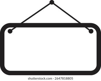Blank hanging signboard icon with bold black frame and string attachment, perfect for customizable labels or business signs. Clean and simple vector silhouette. Ideal for shops, menus, or notices.