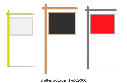 Blank hanging signboard, vector mock-up. Empty street sign, template for design. Color mockup set. Easy to recolor.