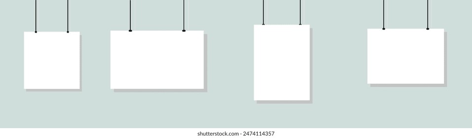 Blank hanging white vector poster frame set isolated on transparent background.