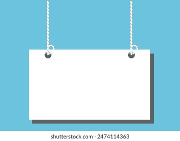 Blank hanging white vector poster frame with rope isolated on blue background.